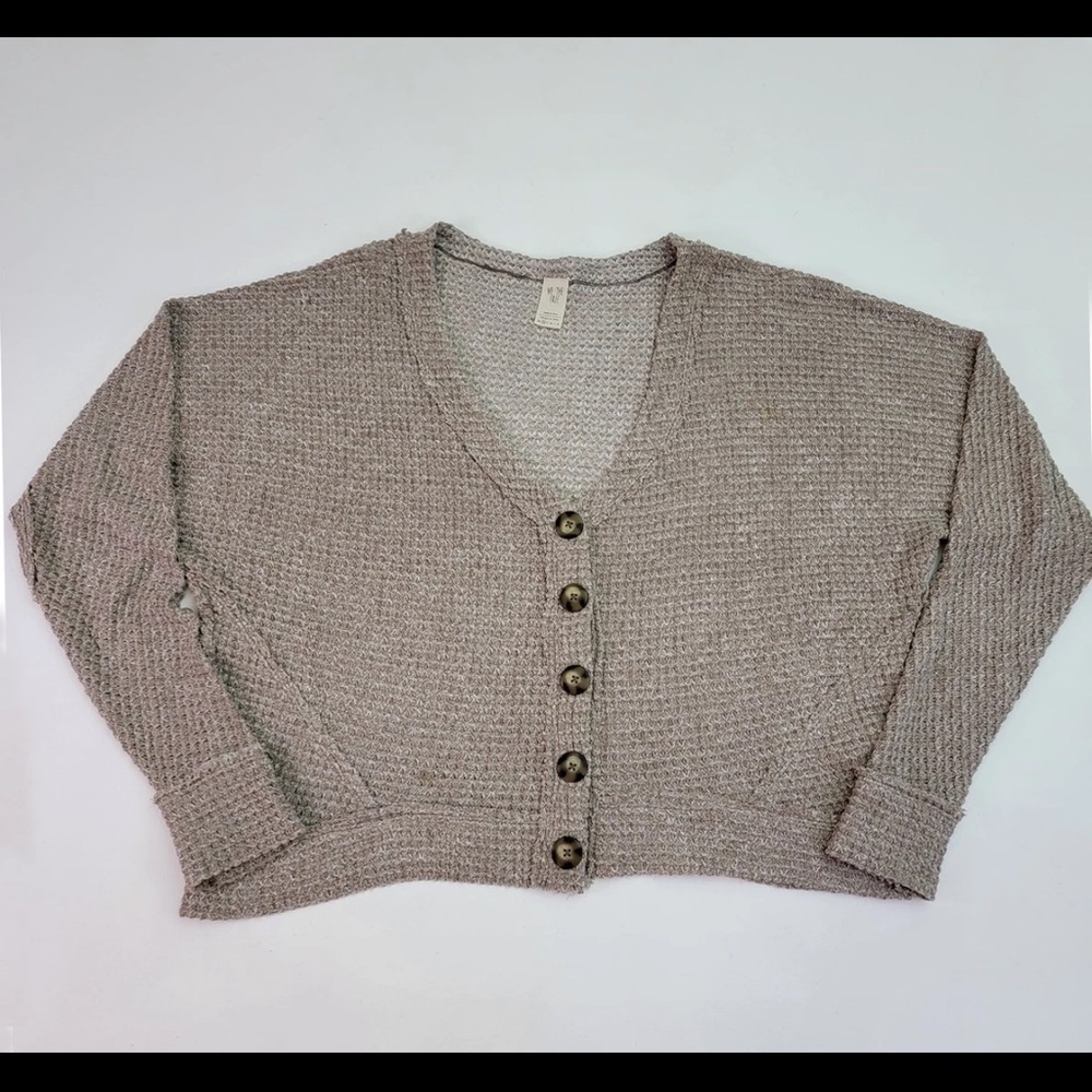 Free People Beige Cropped Cardigan Sweater V-Neck